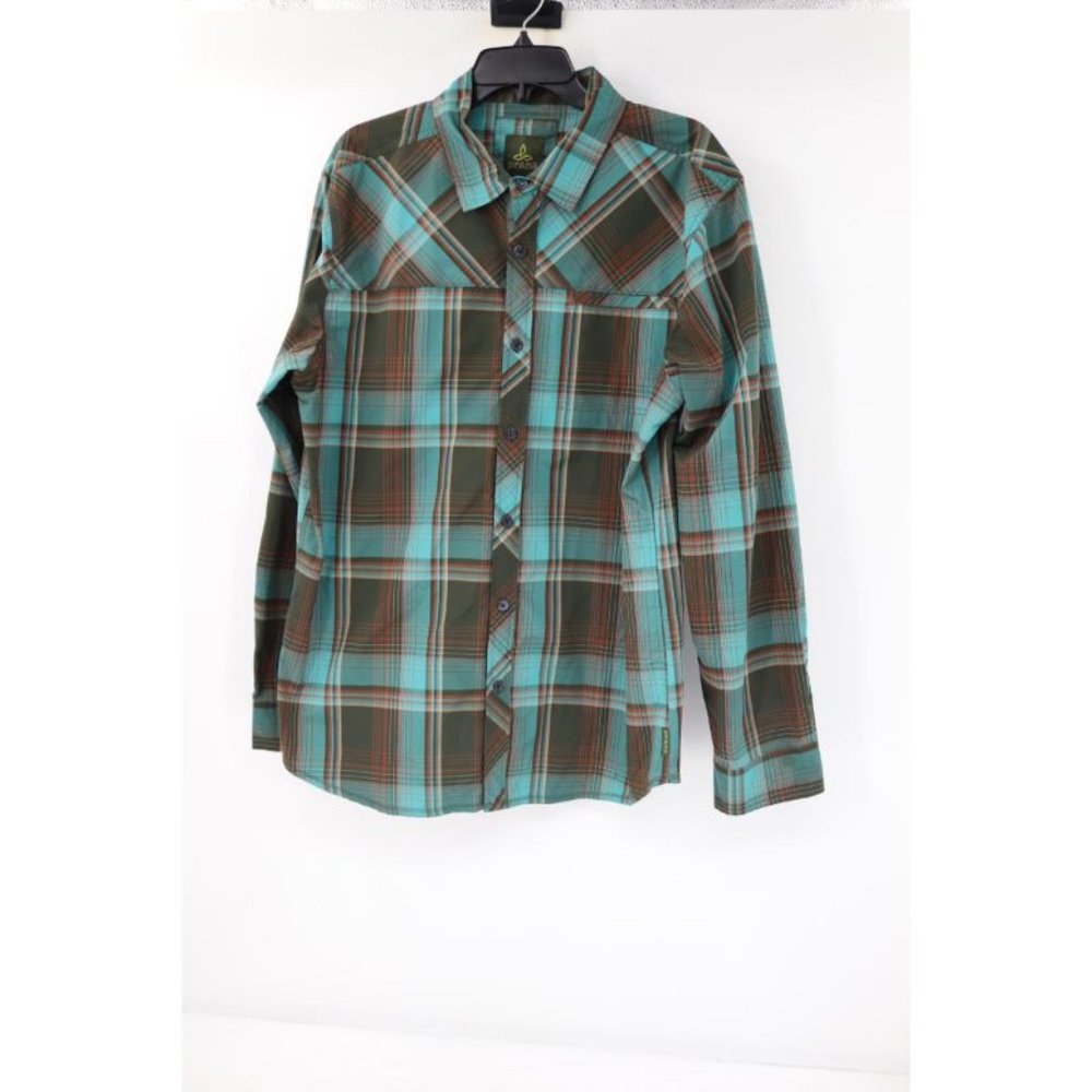 prana shirt mens XL long sleeve blue plaid button up casual outdoor everyday